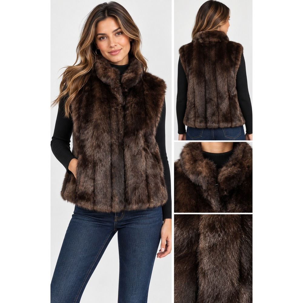 Gallery Women Vest Extra Large Brown Faux Fur Stand Collar Sleeveless Jacket